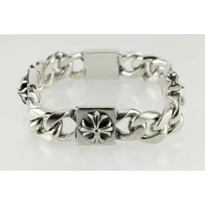 Sterling Silver Men's Chunky Link Bracelet with Cross Accents 105 Grams