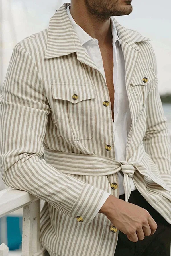 Striped multi-pocket long sleeve plus size casual blazer