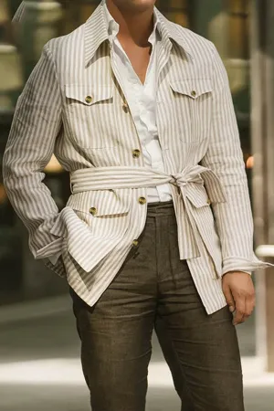 Striped multi-pocket long sleeve plus size casual blazer
