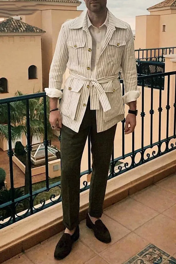 Striped multi-pocket long sleeve plus size casual blazer