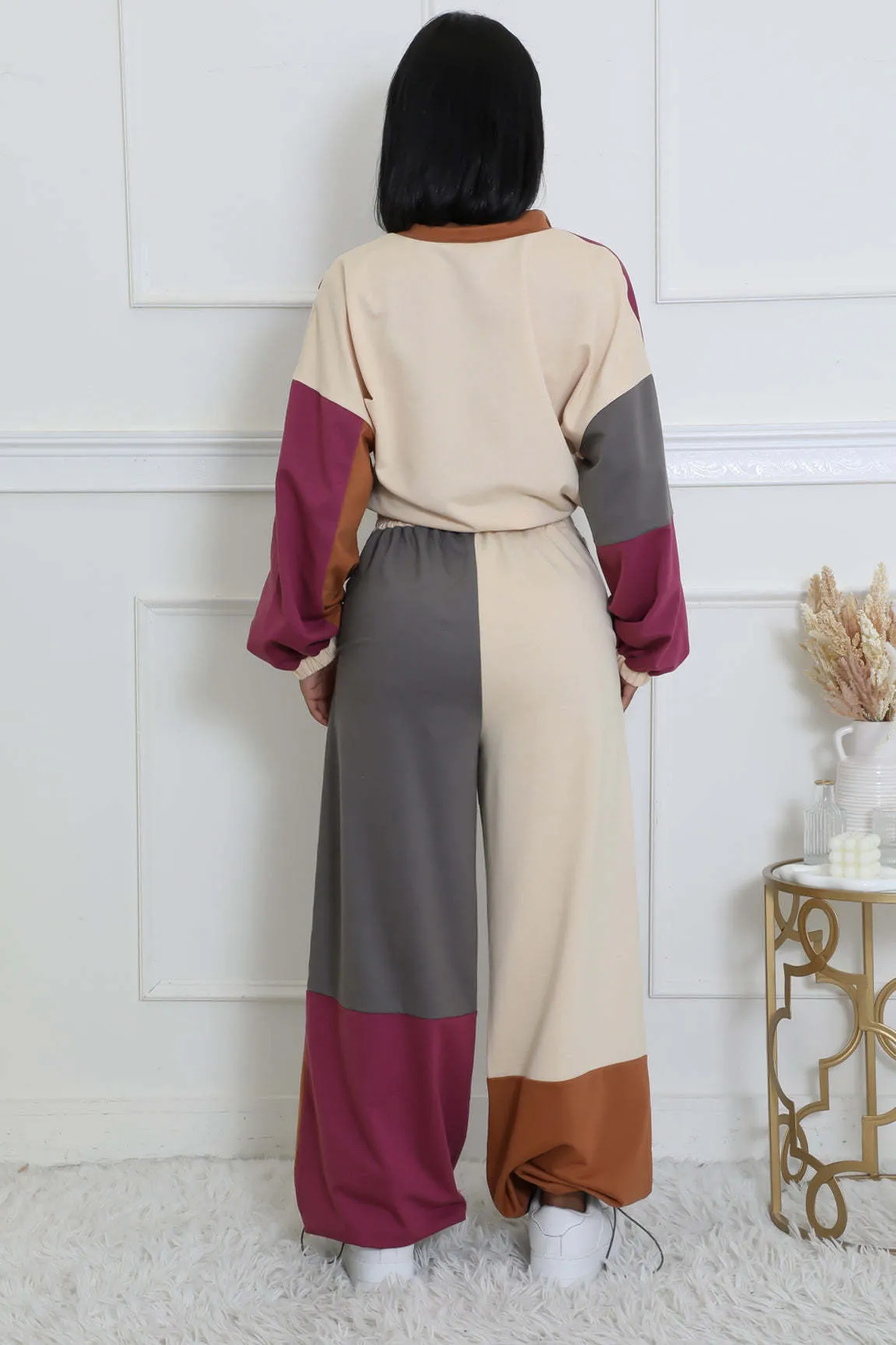 Stylish Color Block Two-Piece Set with Zipper and Drawstring Details