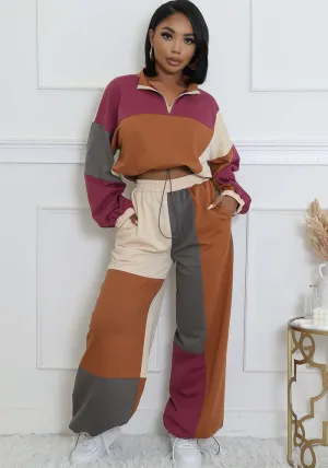 Stylish Color Block Two-Piece Set with Zipper and Drawstring Details
