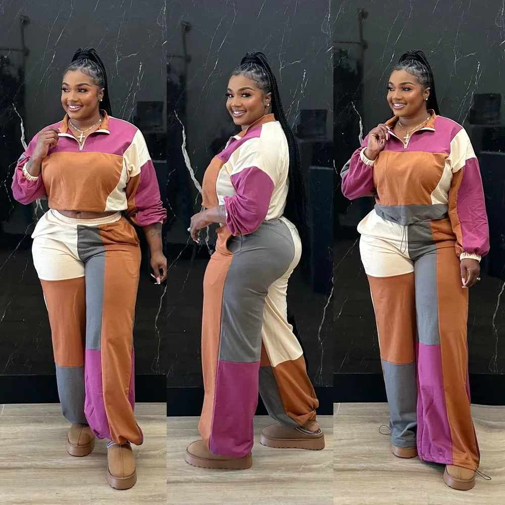 Stylish Color Block Two-Piece Set with Zipper and Drawstring Details