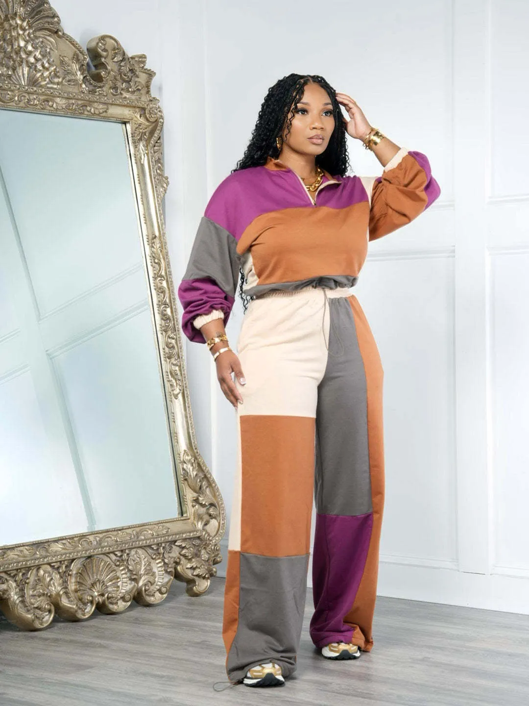 Stylish Color Block Two-Piece Set with Zipper and Drawstring Details