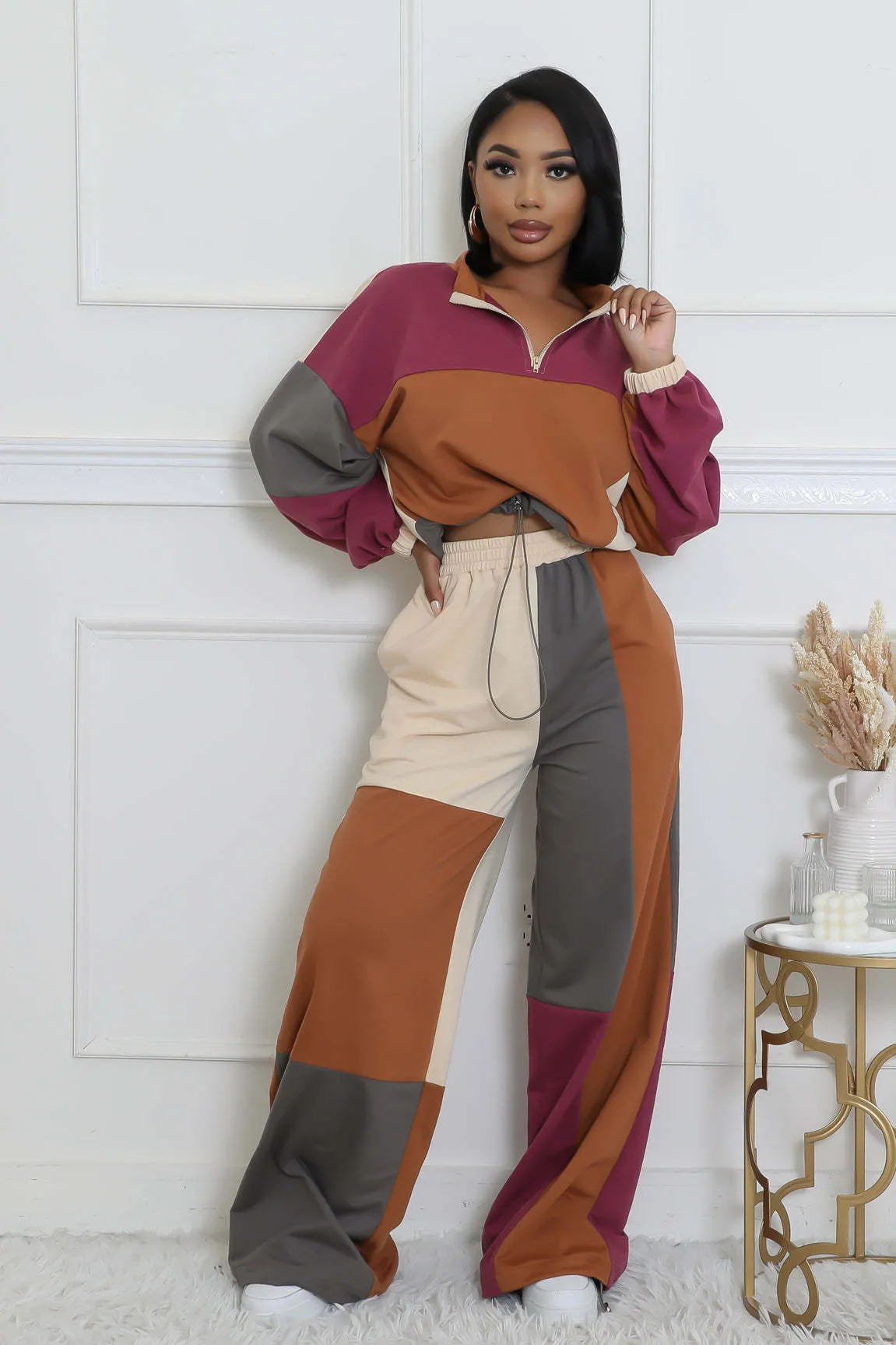 Stylish Color Block Two-Piece Set with Zipper and Drawstring Details