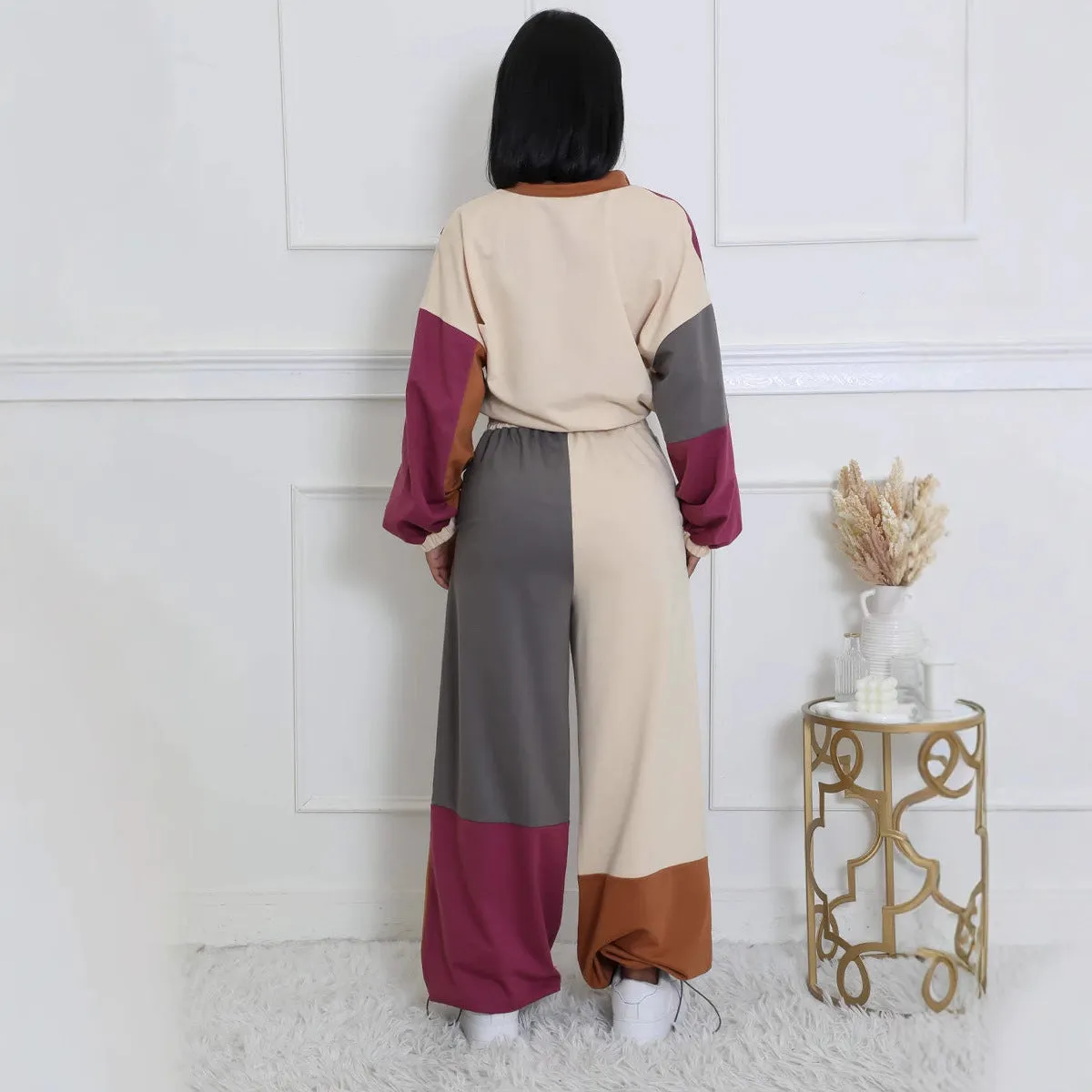Stylish Color Block Two-Piece Set with Zipper and Drawstring Details
