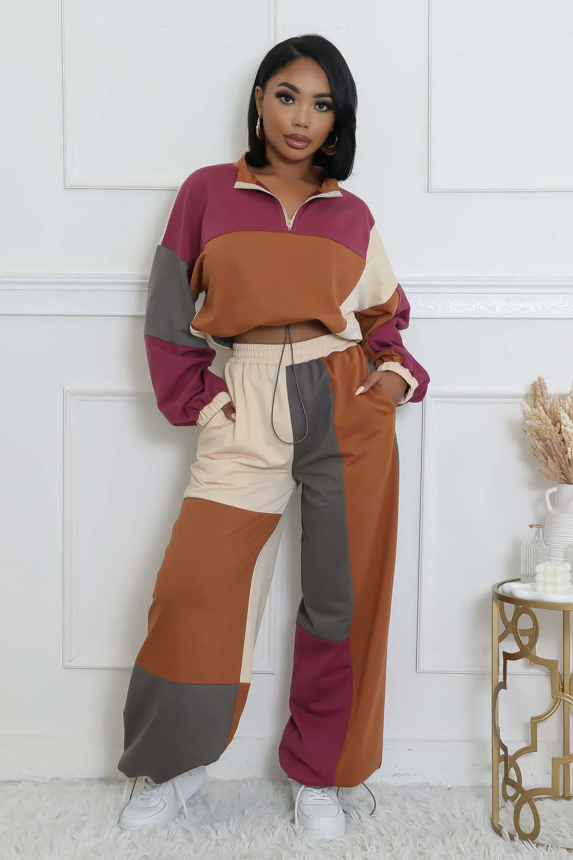Stylish Color Block Two-Piece Set with Zipper and Drawstring Details