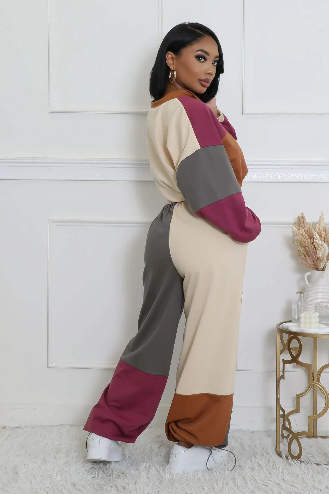 Stylish Color Block Two-Piece Set with Zipper and Drawstring Details
