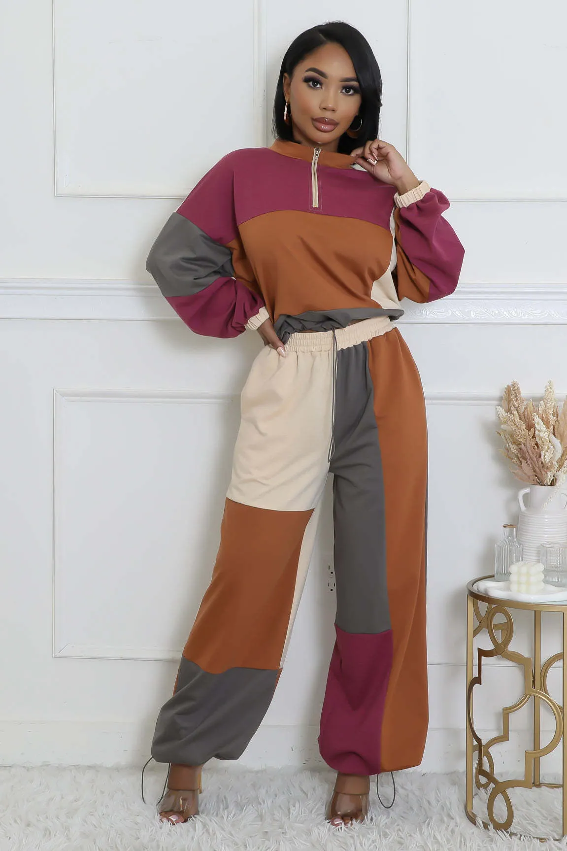 Stylish Color Block Two-Piece Set with Zipper and Drawstring Details