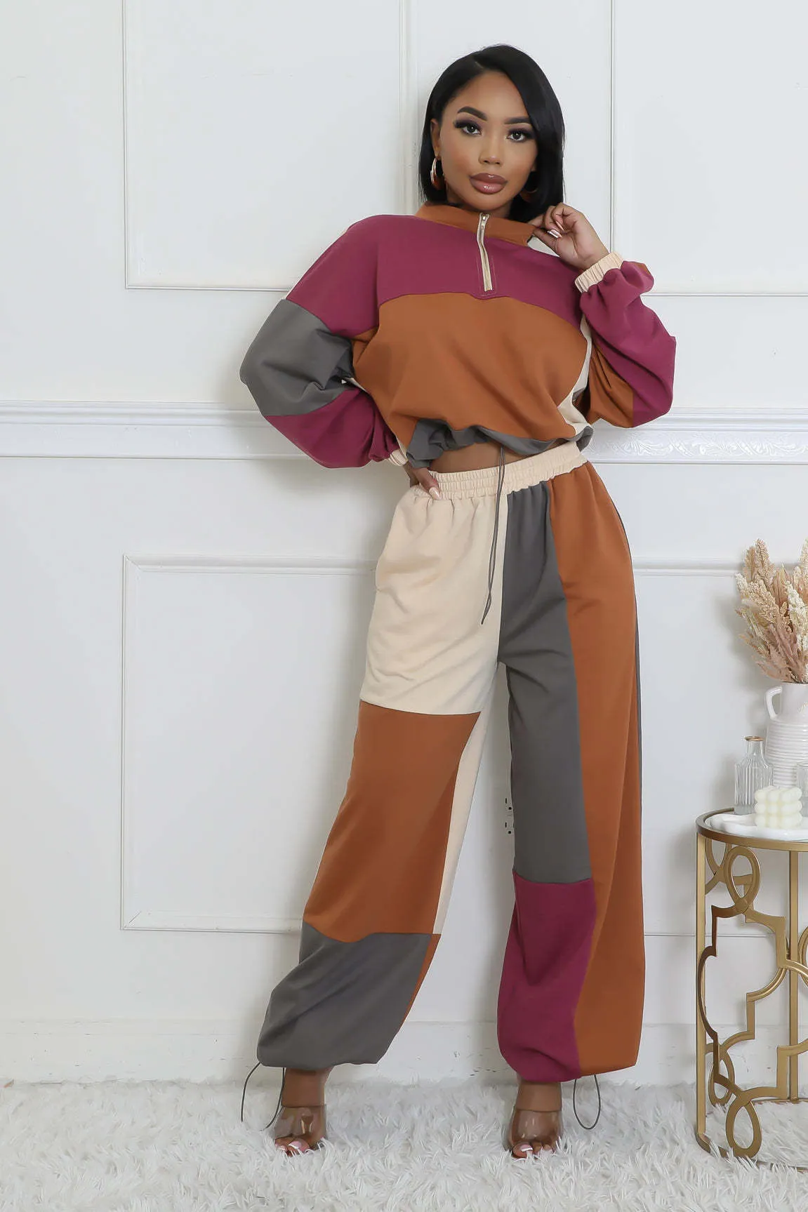 Stylish Color Block Two-Piece Set with Zipper and Drawstring Details
