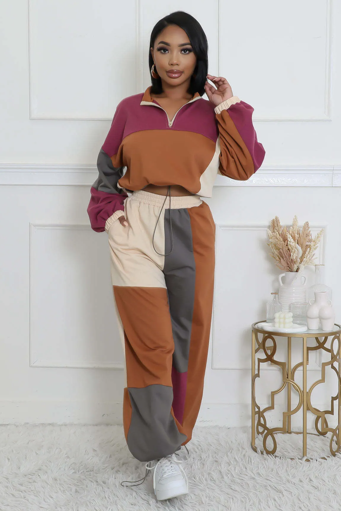 Stylish Color Block Two-Piece Set with Zipper and Drawstring Details