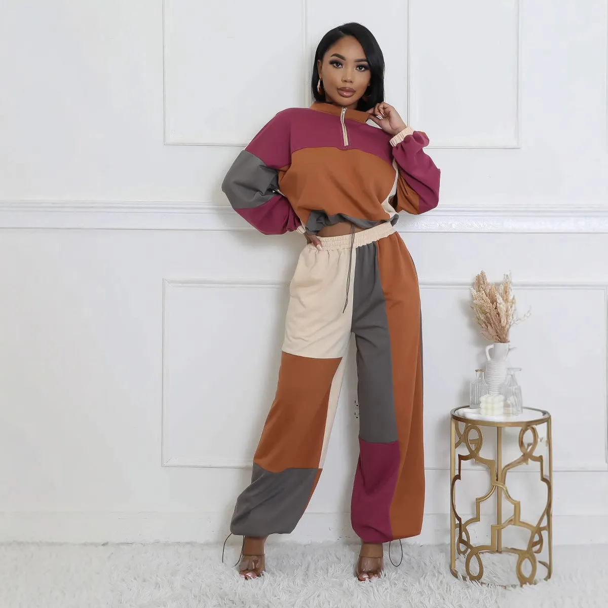 Stylish Color Block Two-Piece Set with Zipper and Drawstring Details