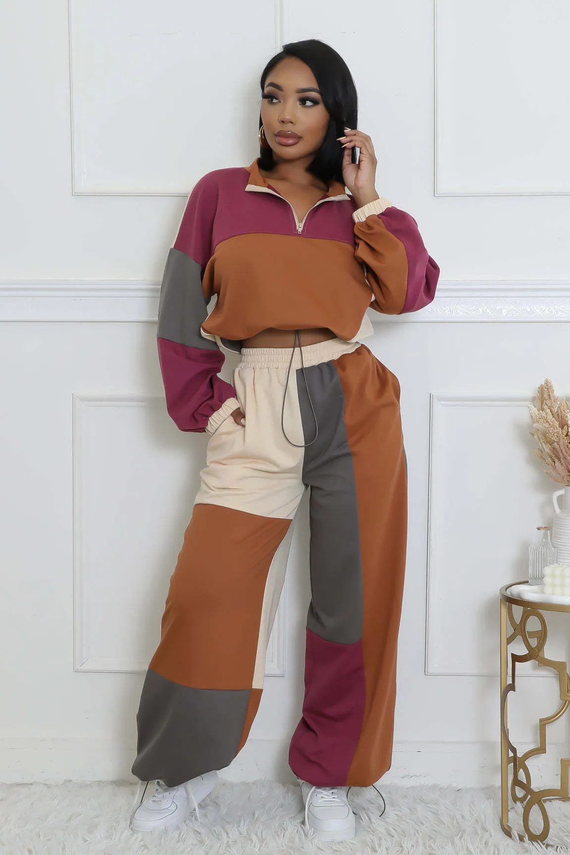 Stylish Color Block Two-Piece Set with Zipper and Drawstring Details