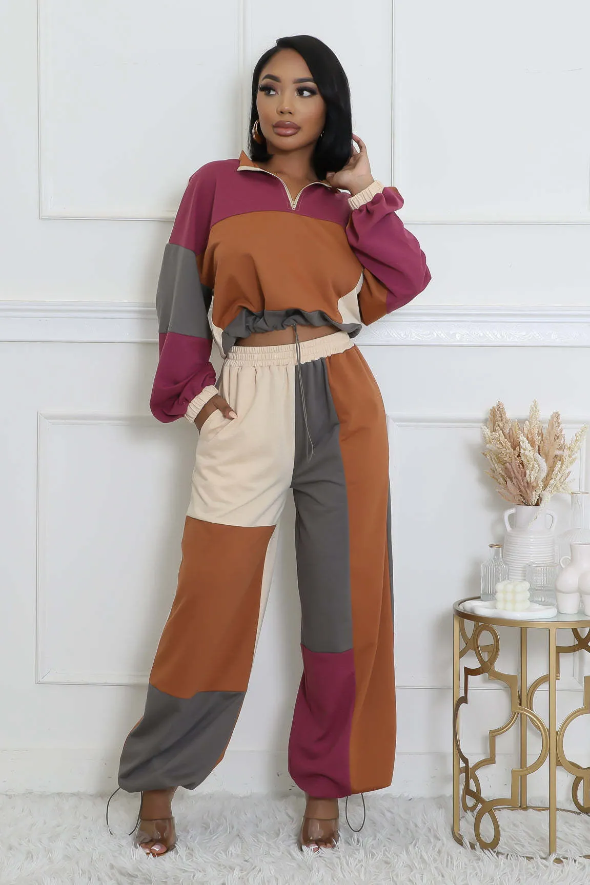 Stylish Color Block Two-Piece Set with Zipper and Drawstring Details