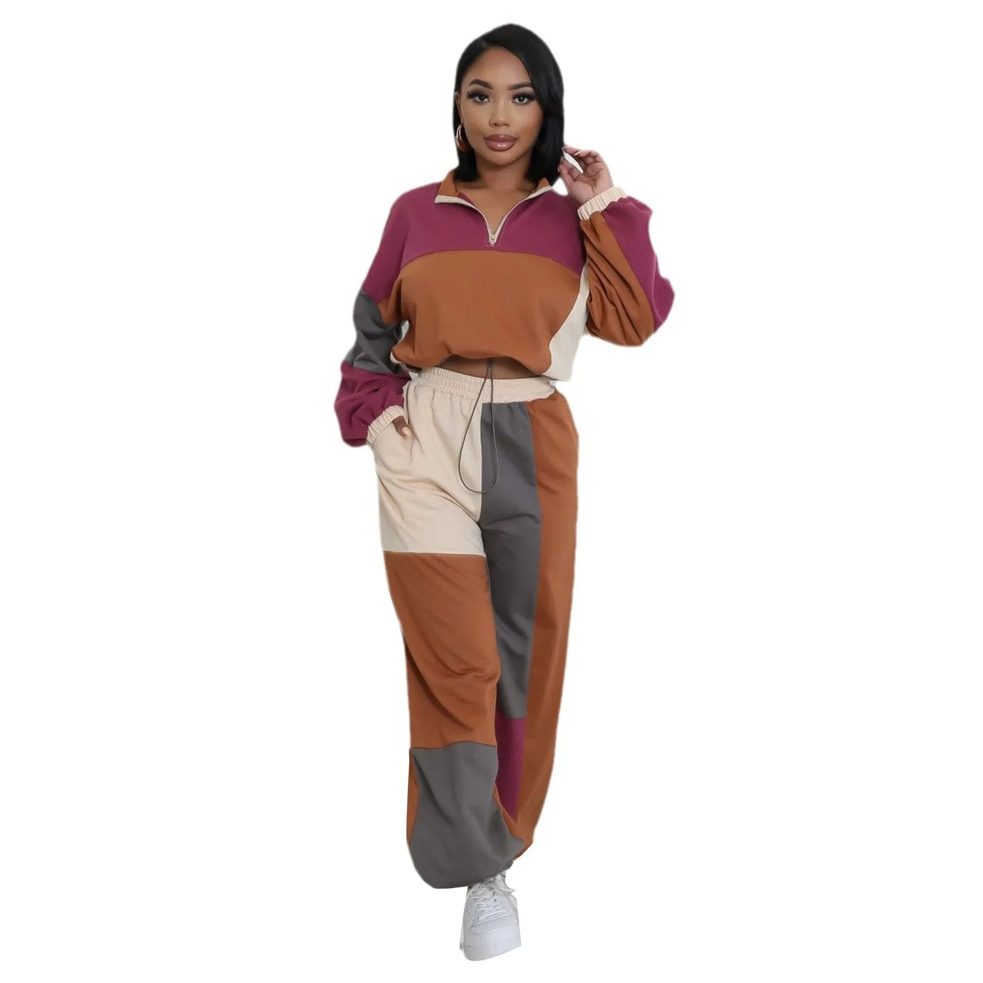 Stylish Color Block Two-Piece Set with Zipper and Drawstring Details