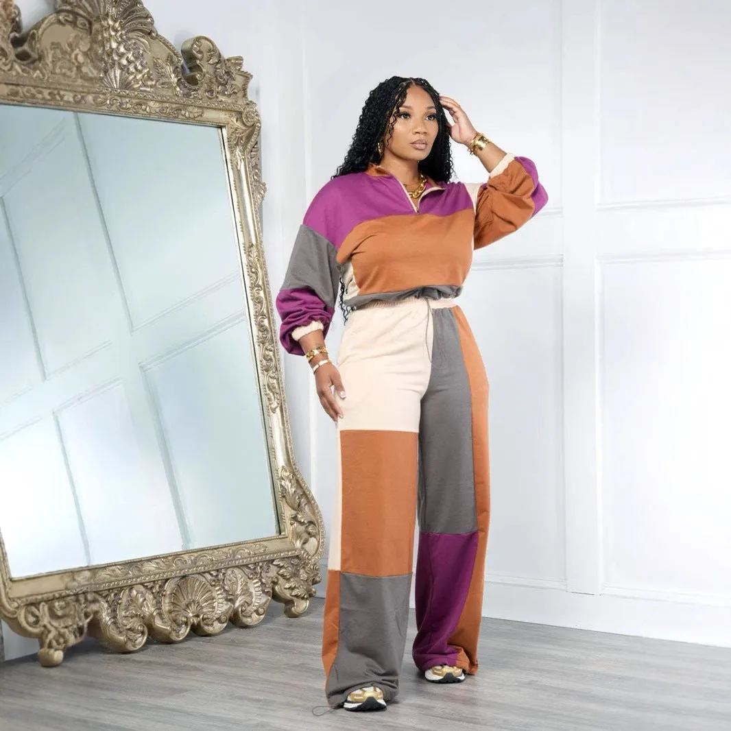 Stylish Color Block Two-Piece Set with Zipper and Drawstring Details