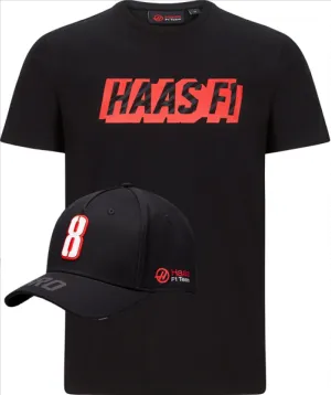 T-SHIRT & CAP Formula One 1 Haas Grosjean No.8 F1 Team NEW Graphic Logo Black M