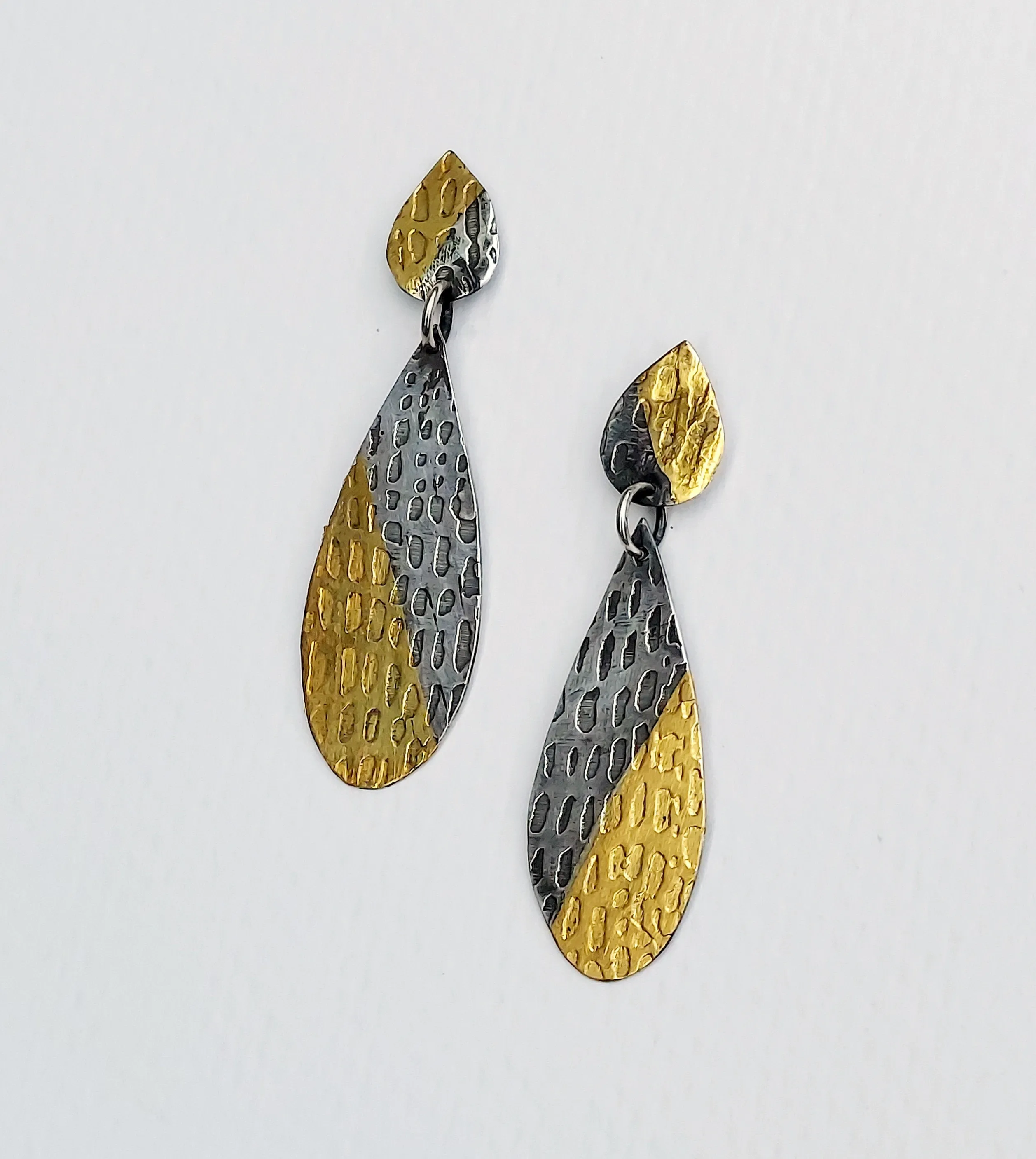 Textured, Patinaed Silver Earrings with Gold Keum Boo, Lightweight, High Fashion, Handmade Silver Earrings
