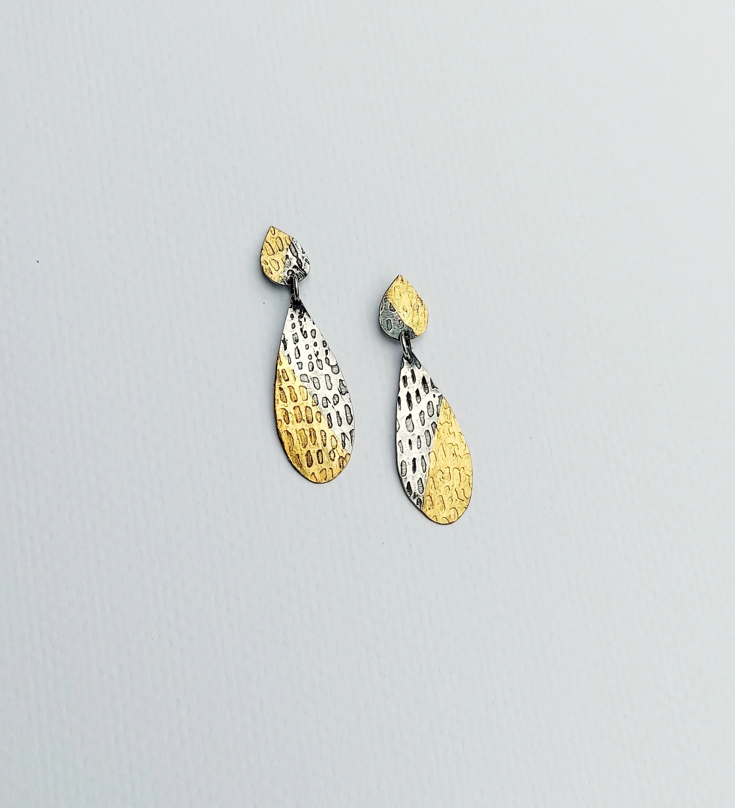 Textured, Patinaed Silver Earrings with Gold Keum Boo, Lightweight, High Fashion, Handmade Silver Earrings