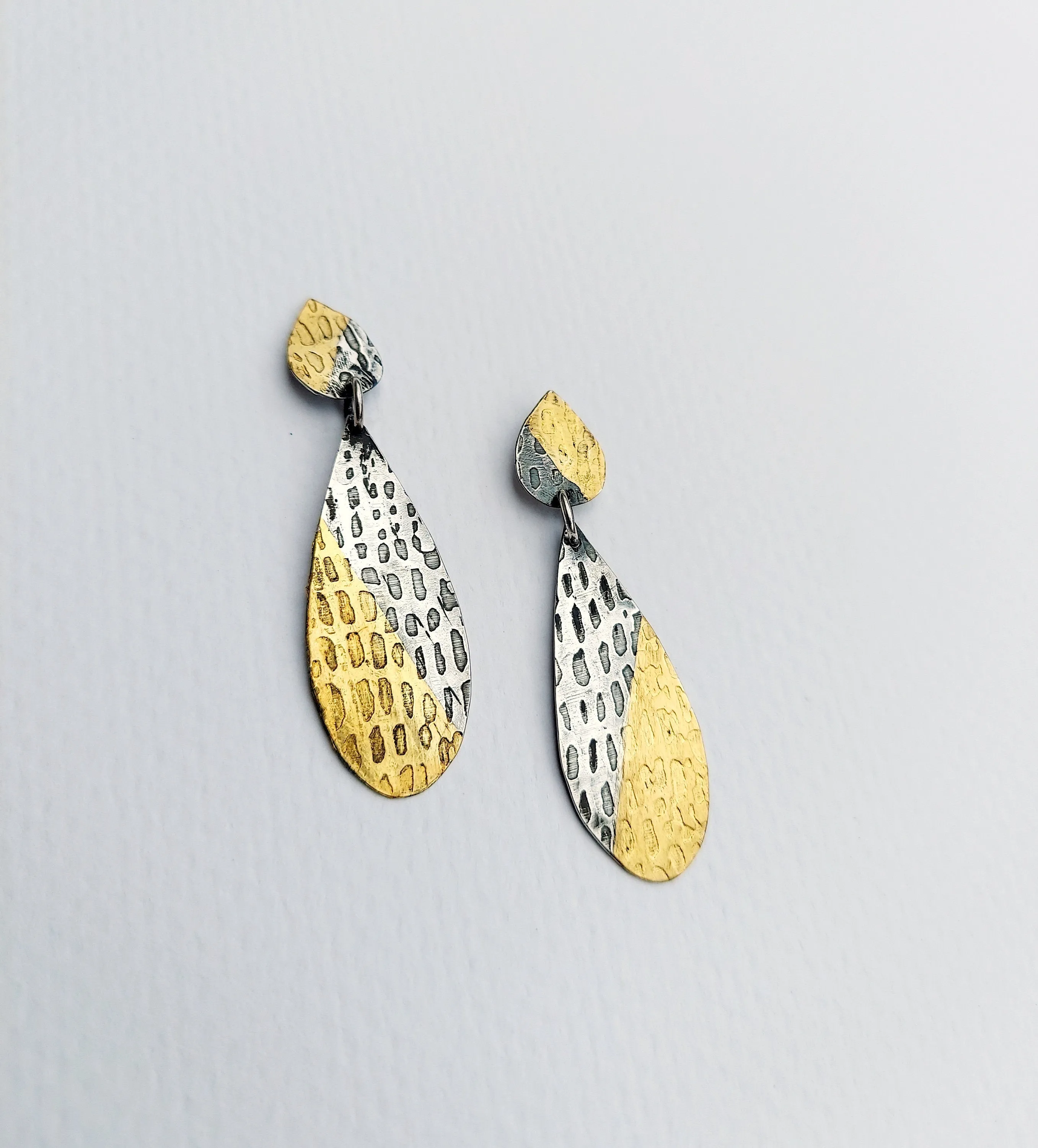 Textured, Patinaed Silver Earrings with Gold Keum Boo, Lightweight, High Fashion, Handmade Silver Earrings