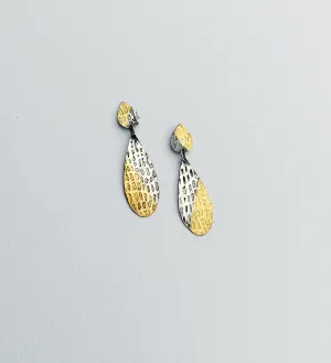 Textured, Patinaed Silver Earrings with Gold Keum Boo, Lightweight, High Fashion, Handmade Silver Earrings
