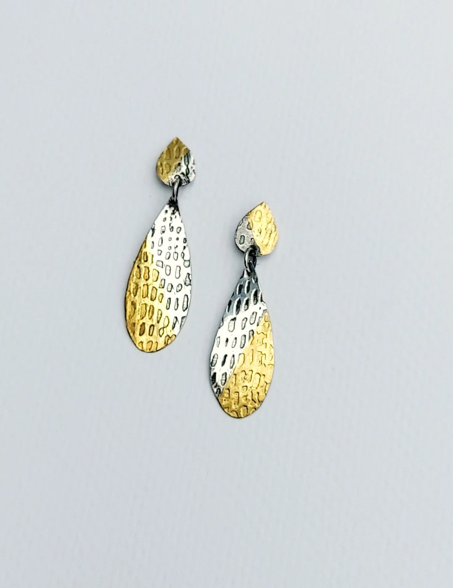 Textured, Patinaed Silver Earrings with Gold Keum Boo, Lightweight, High Fashion, Handmade Silver Earrings