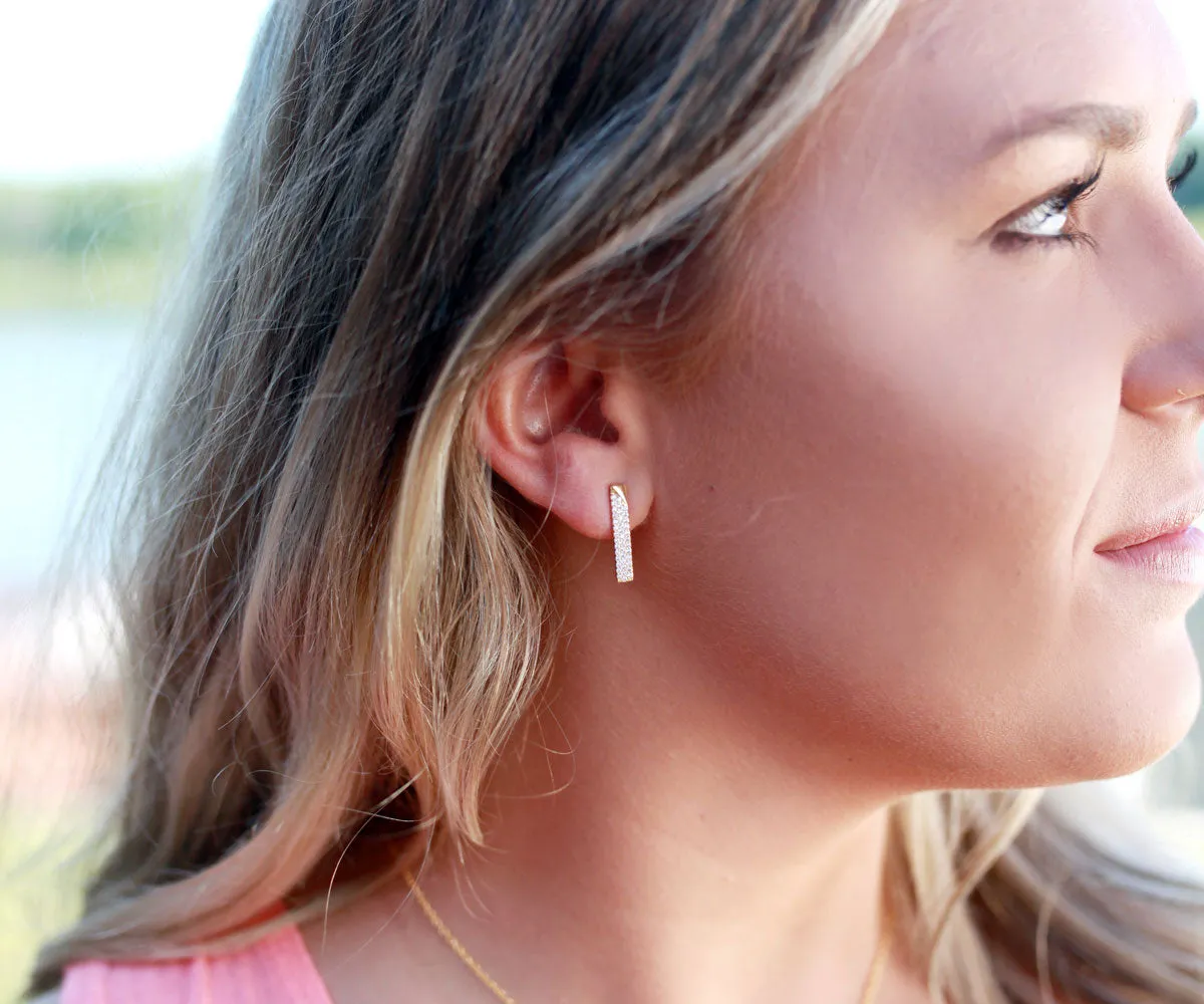 Thin Bar Pavé Crystal Gold Stud Earrings