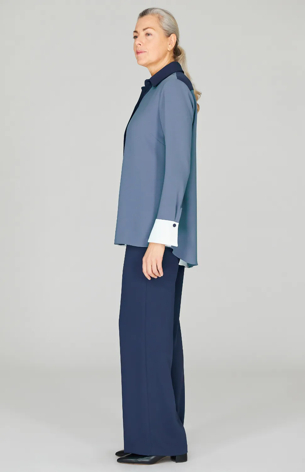 Three Tone Lustrous Crepe Back Overlap Shirt