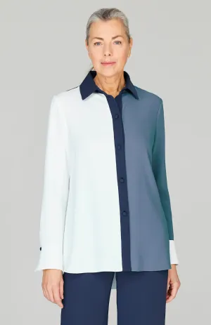 Three Tone Lustrous Crepe Back Overlap Shirt