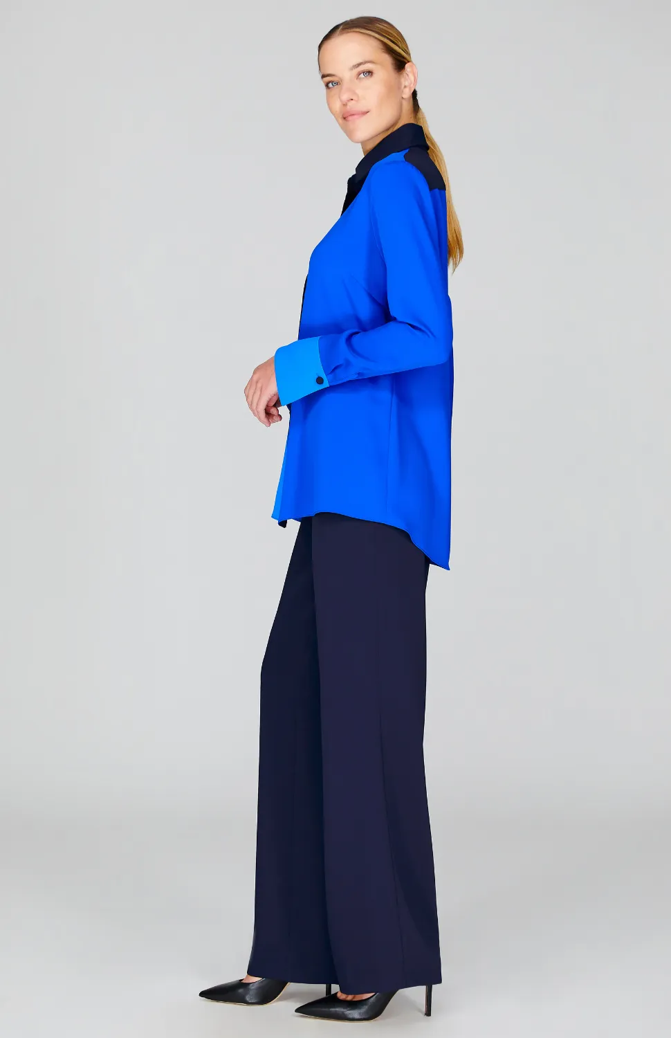 Three Tone Lustrous Crepe Back Overlap Shirt
