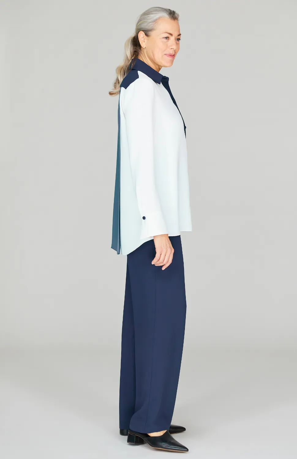 Three Tone Lustrous Crepe Back Overlap Shirt