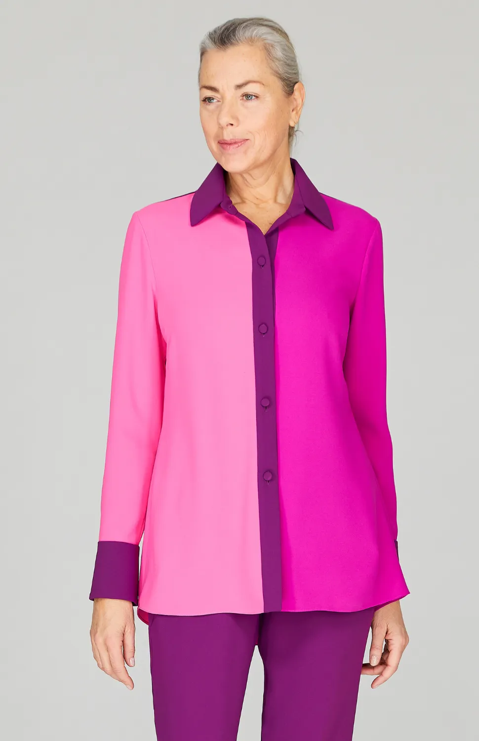 Three Tone Lustrous Crepe Back Overlap Shirt