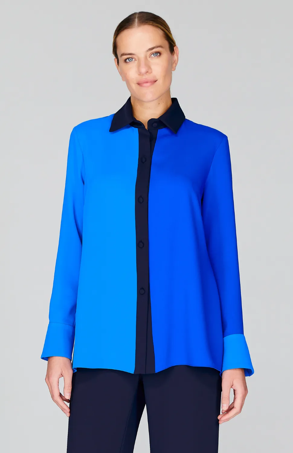 Three Tone Lustrous Crepe Back Overlap Shirt