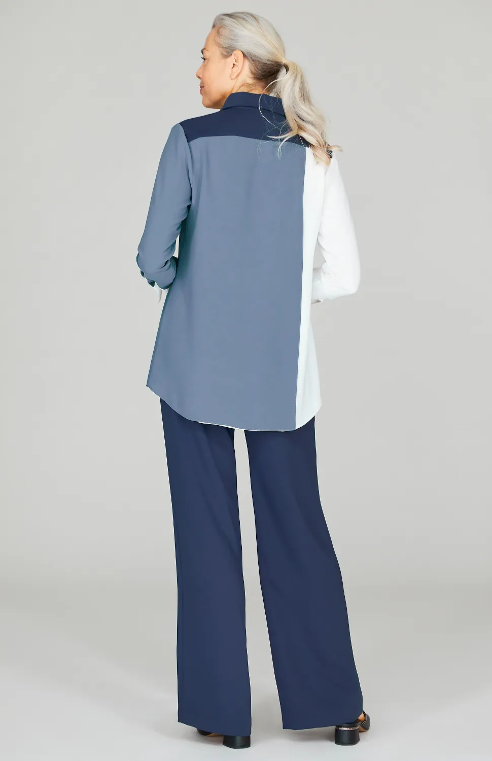 Three Tone Lustrous Crepe Back Overlap Shirt