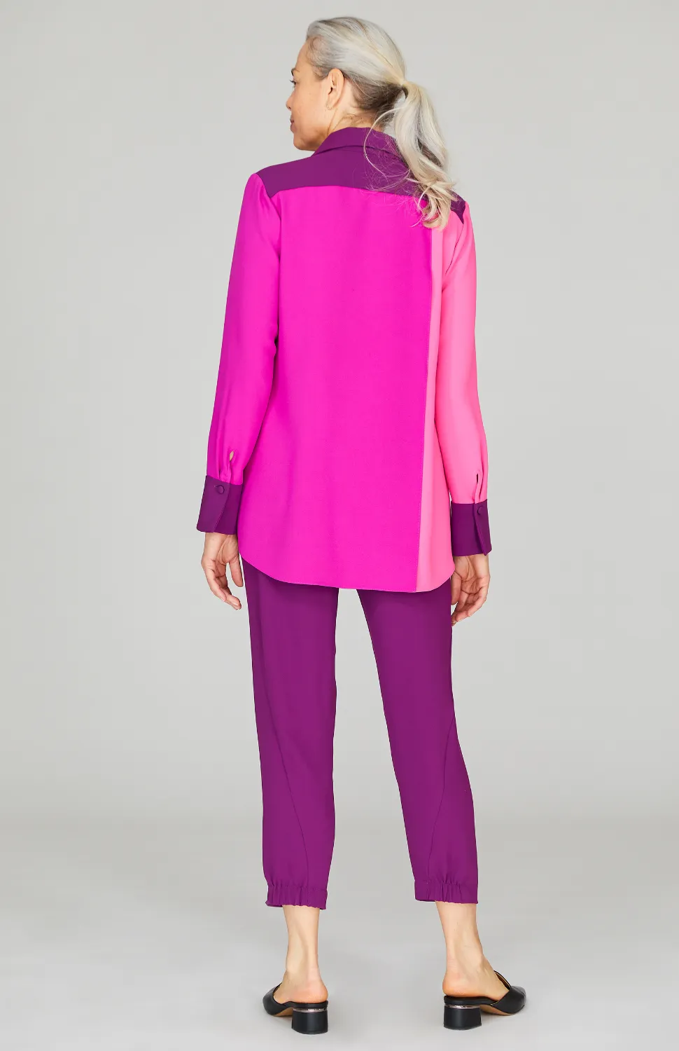 Three Tone Lustrous Crepe Back Overlap Shirt
