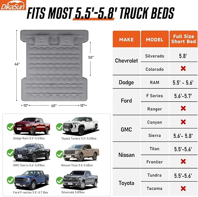 Truck Bed Air Mattress for 5.5-5.8Ft Inflatable Air Mattress for Full Size Short Truck Beds Pickup Air Mattress for Camping Truck Tent Accessories with Pump & Carry Bag (A-Grey)
