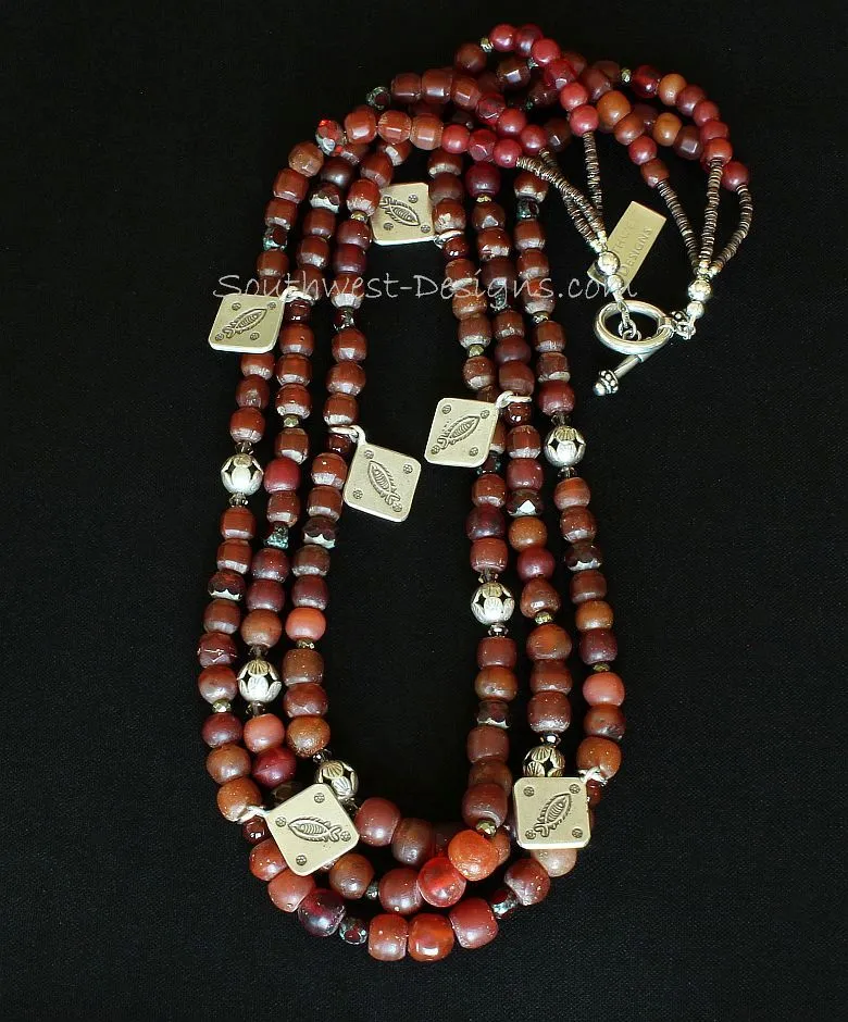 Vintage Burgundy Glass 3-Strand Necklace with Carnelian Rounds, Czech Luster Glass, Picasso Red Fire Polished Glass, Pyrite Nuggets, Hill Tribe Silver Beads & Charms, and a Sterling Silver Toggle Clasp