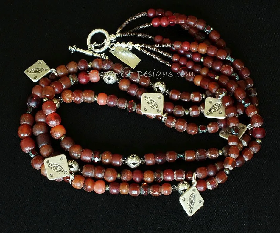 Vintage Burgundy Glass 3-Strand Necklace with Carnelian Rounds, Czech Luster Glass, Picasso Red Fire Polished Glass, Pyrite Nuggets, Hill Tribe Silver Beads & Charms, and a Sterling Silver Toggle Clasp