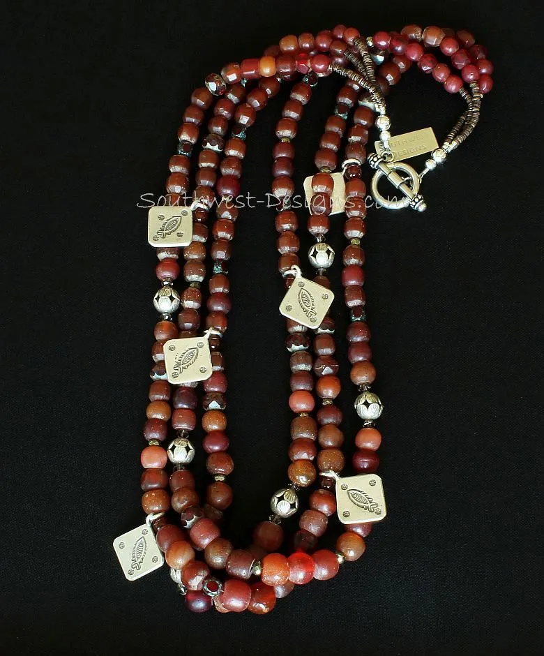 Vintage Burgundy Glass 3-Strand Necklace with Carnelian Rounds, Czech Luster Glass, Picasso Red Fire Polished Glass, Pyrite Nuggets, Hill Tribe Silver Beads & Charms, and a Sterling Silver Toggle Clasp