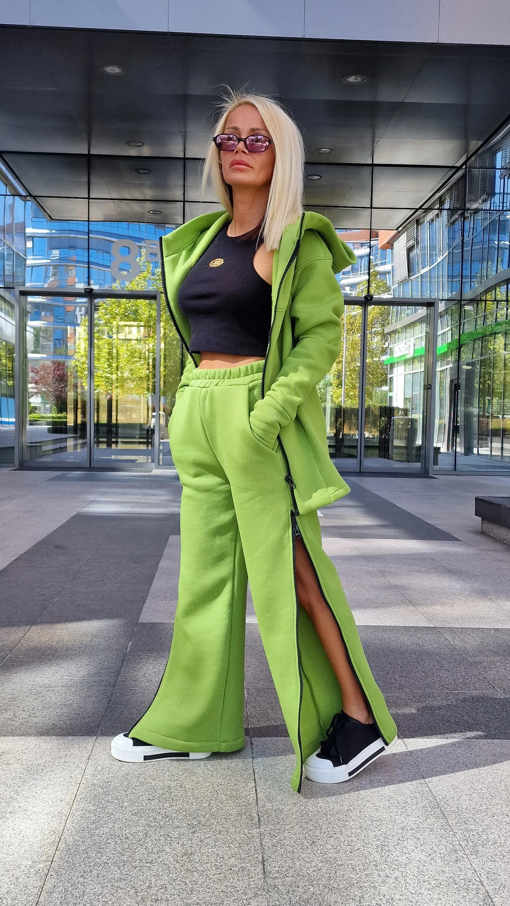 Warm Set with Zippers, Casual Set, Pants with Long Hoodie, Extravagant Set for Woman, Loungewear Set