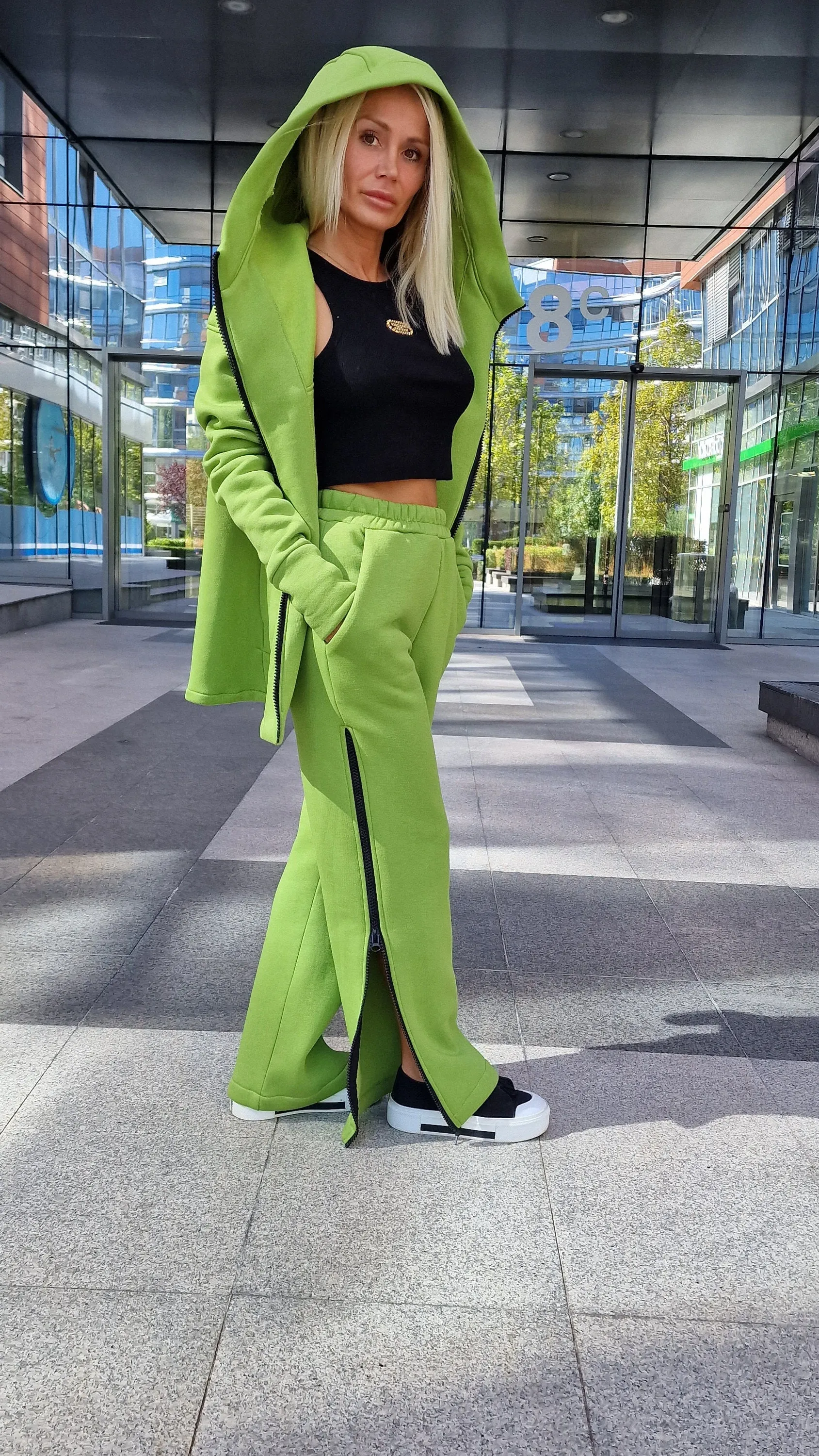 Warm Set with Zippers, Casual Set, Pants with Long Hoodie, Extravagant Set for Woman, Loungewear Set