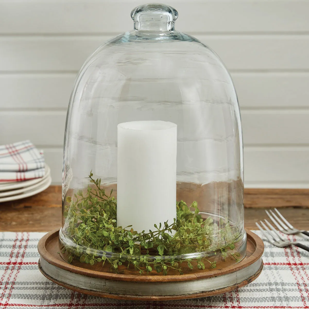 Wood with Metal Strap Cloche Base