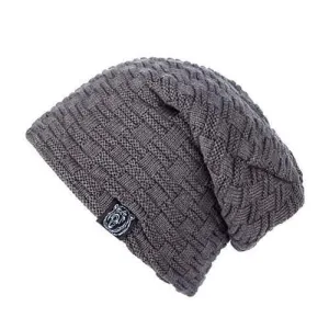Woven Stripes Label Flocking Knit Hat - Dark Khaki