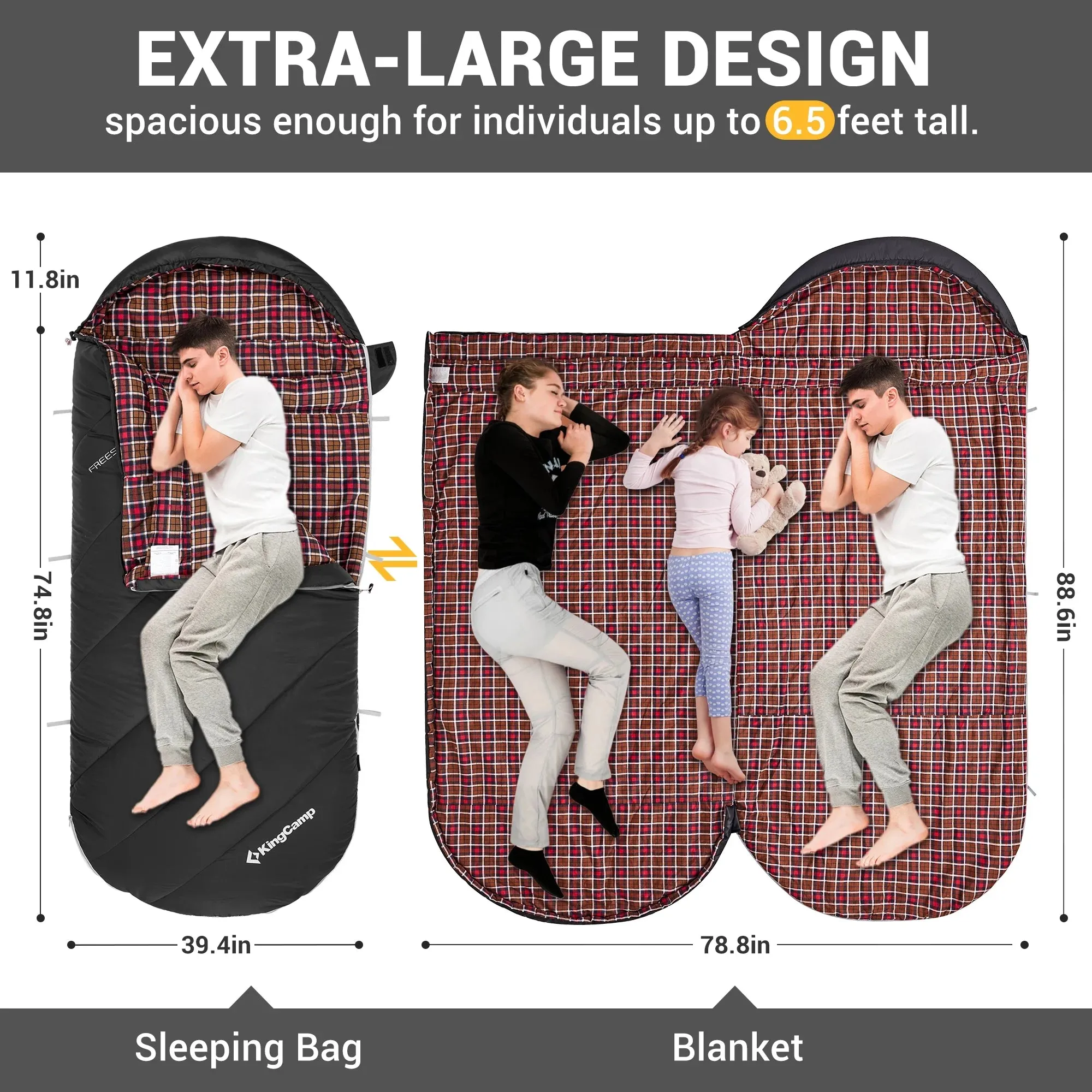 XL Sleeping Bag for Big & Tall Adults - Flannel Lining, Lightweight, Weather-Proof for All Seasons, Perfect for Camping & Backpacking - Cozy Black Design