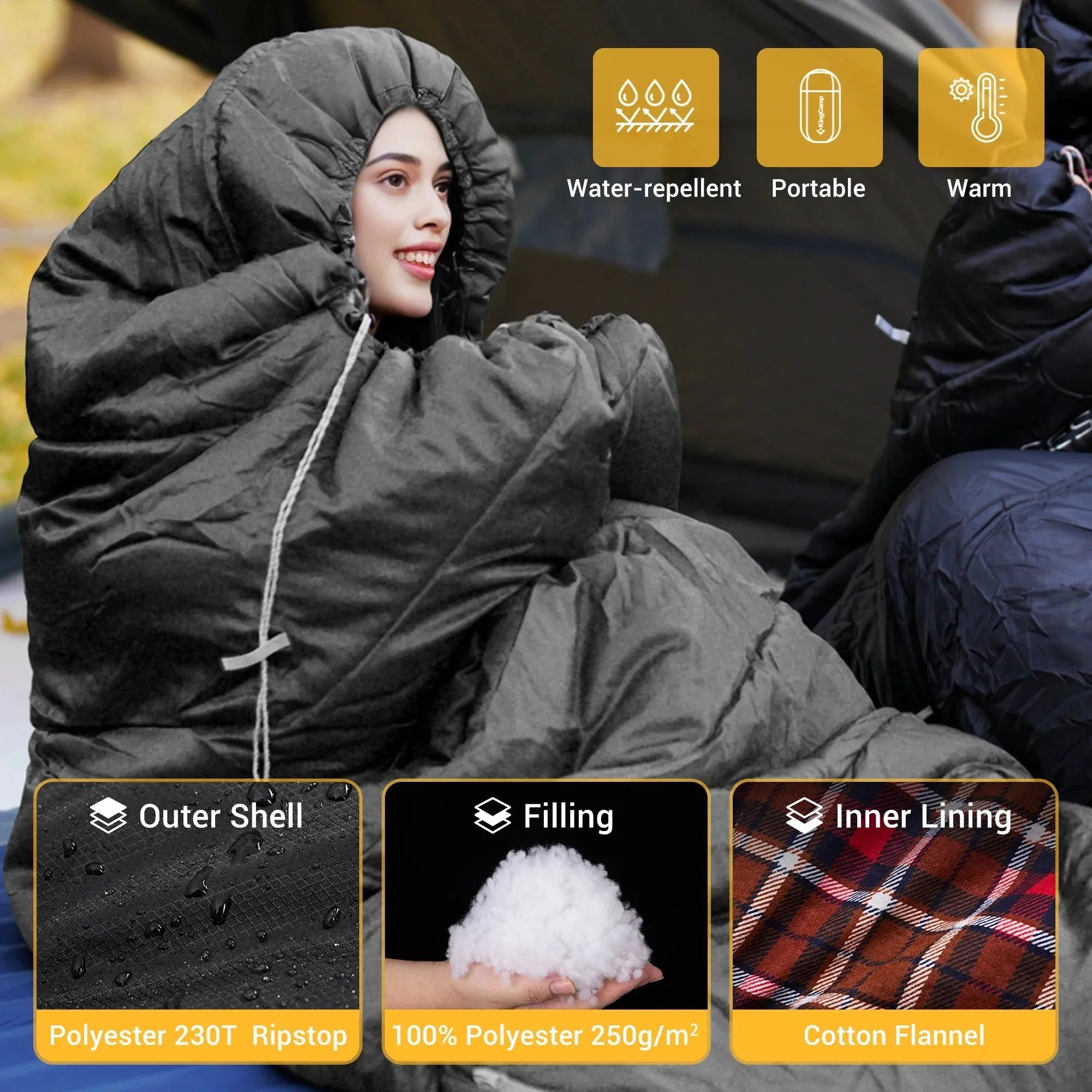 XL Sleeping Bag for Big & Tall Adults - Flannel Lining, Lightweight, Weather-Proof for All Seasons, Perfect for Camping & Backpacking - Cozy Black Design