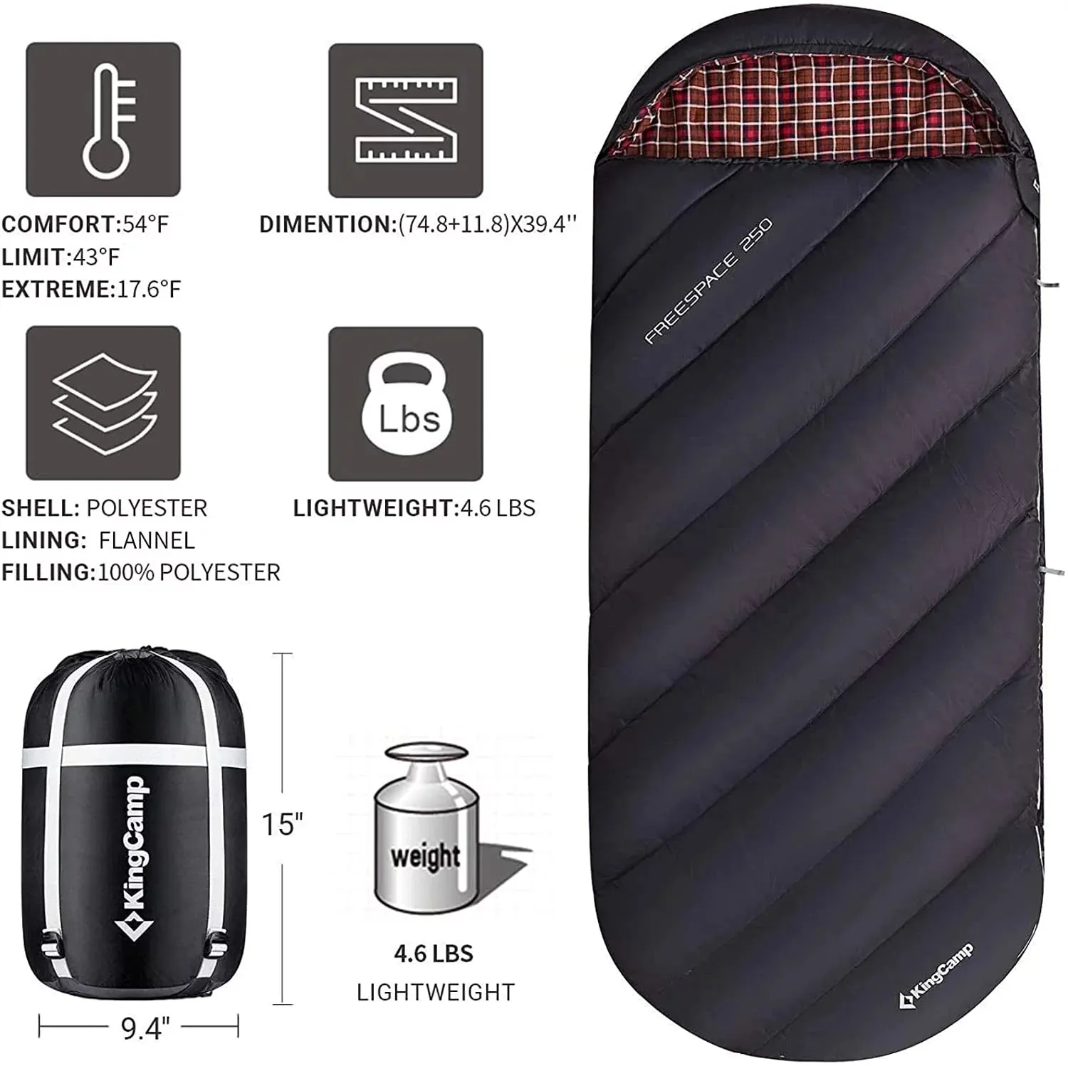 XL Sleeping Bag for Big & Tall Adults - Flannel Lining, Lightweight, Weather-Proof for All Seasons, Perfect for Camping & Backpacking - Cozy Black Design