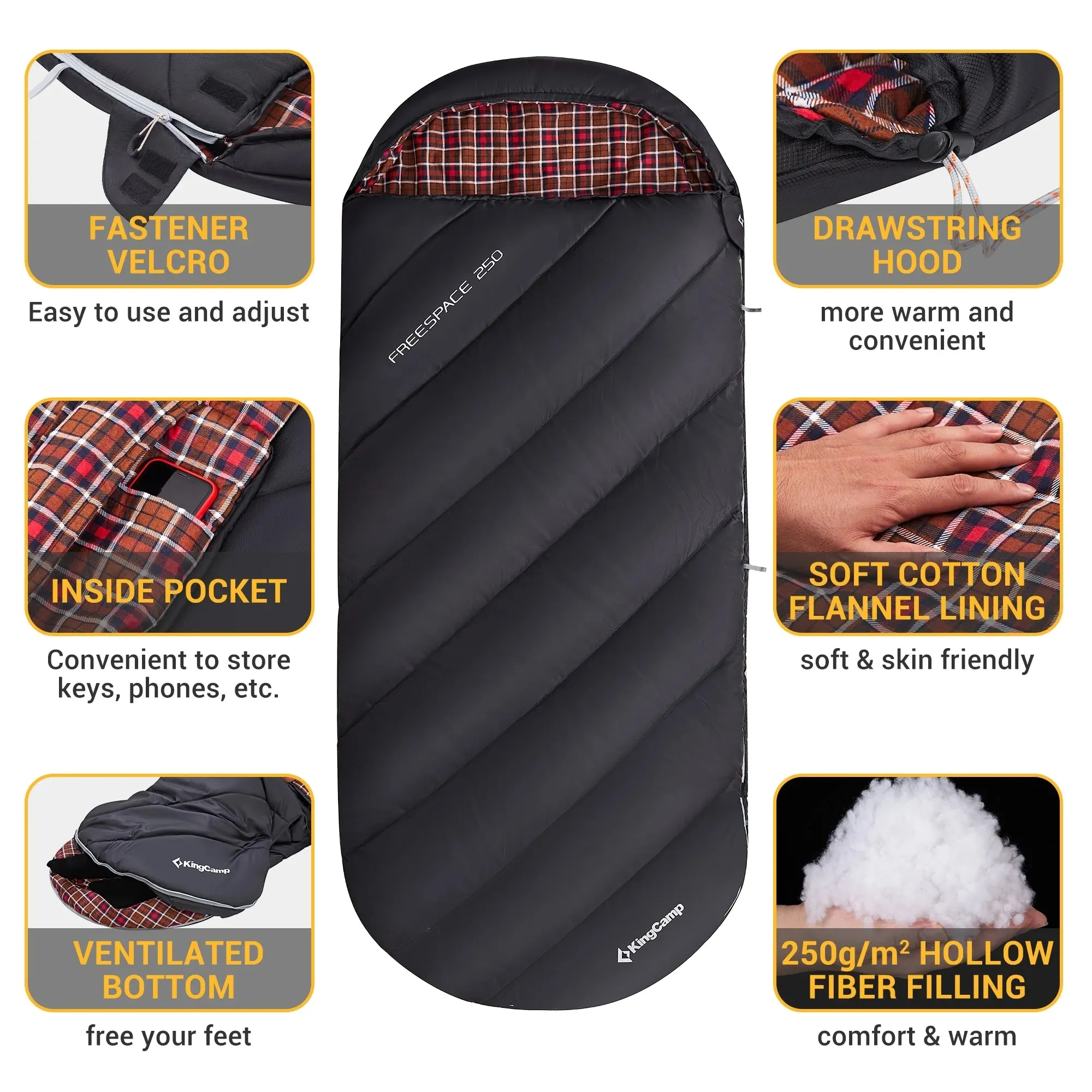 XL Sleeping Bag for Big & Tall Adults - Flannel Lining, Lightweight, Weather-Proof for All Seasons, Perfect for Camping & Backpacking - Cozy Black Design