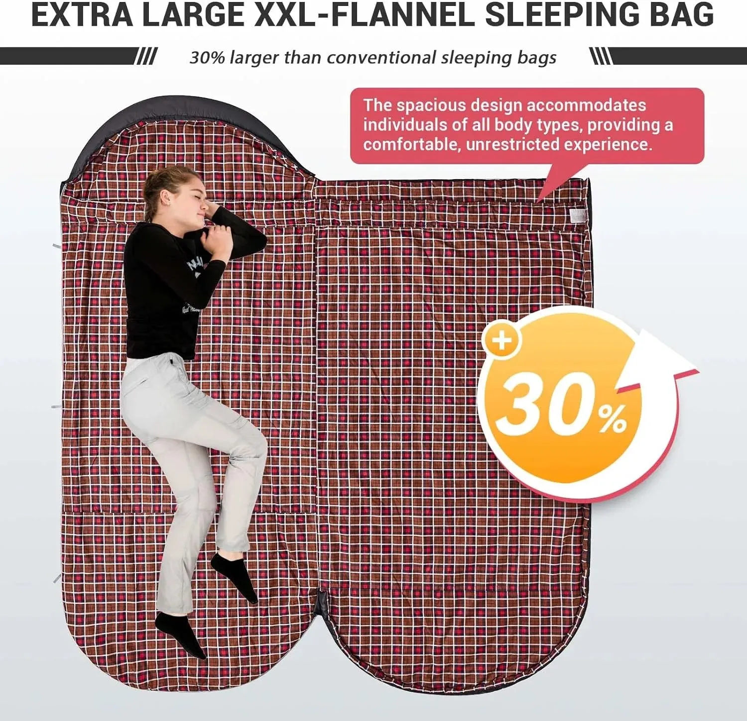 XL Sleeping Bag for Big & Tall Adults - Flannel Lining, Lightweight, Weather-Proof for All Seasons, Perfect for Camping & Backpacking - Cozy Black Design