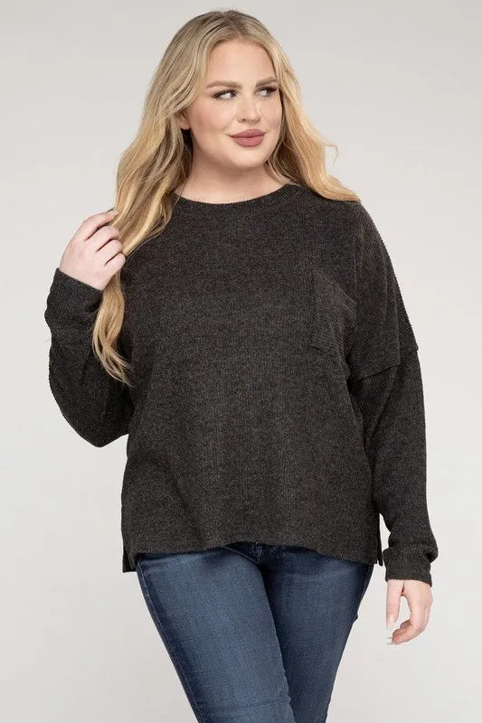 ZENANA Plus Ribbed Brushed Melange Hacci Sweater
