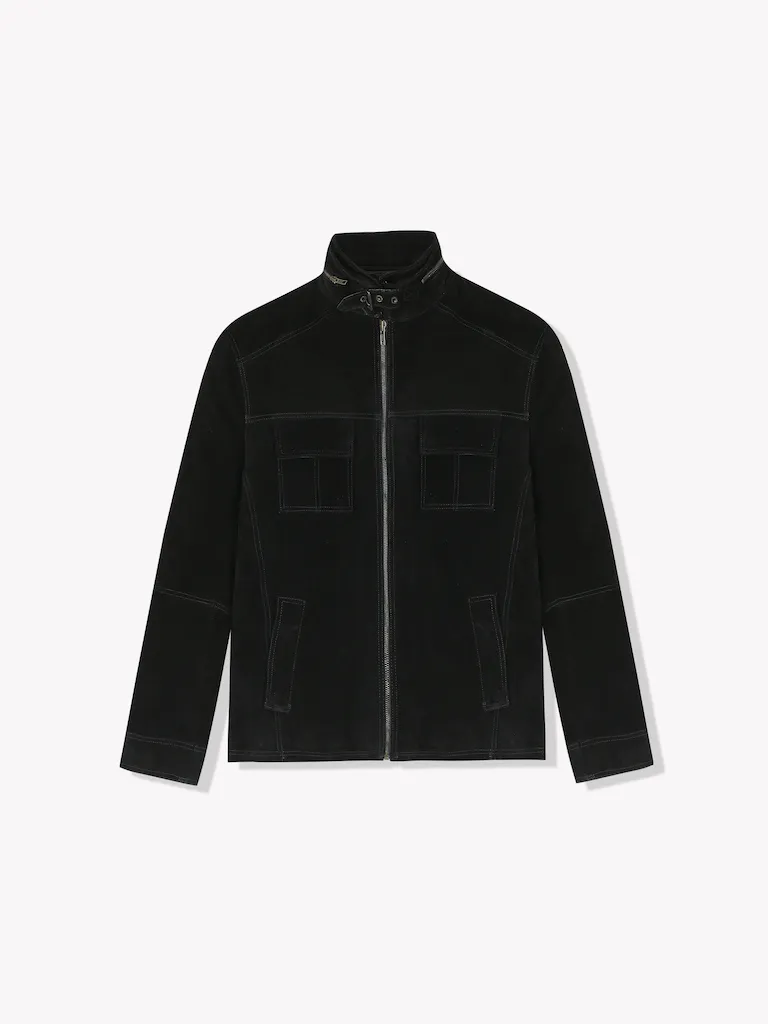 Zip Suede Jacket-Black